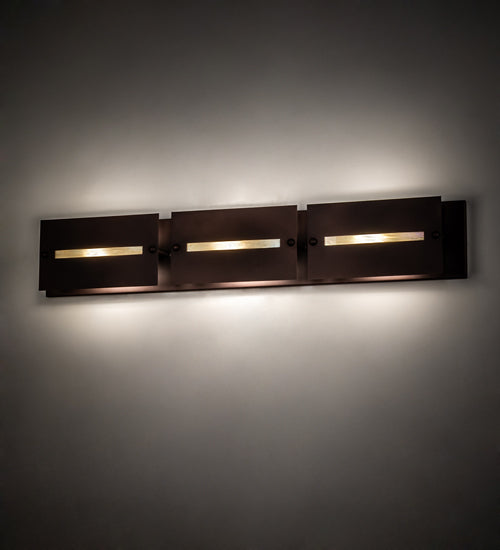 Meyda Lighting Stepping Stone 36" 3-Light Cinnamon Coffee Metallic Vanity Light With Beige Iridescent Shade Glass