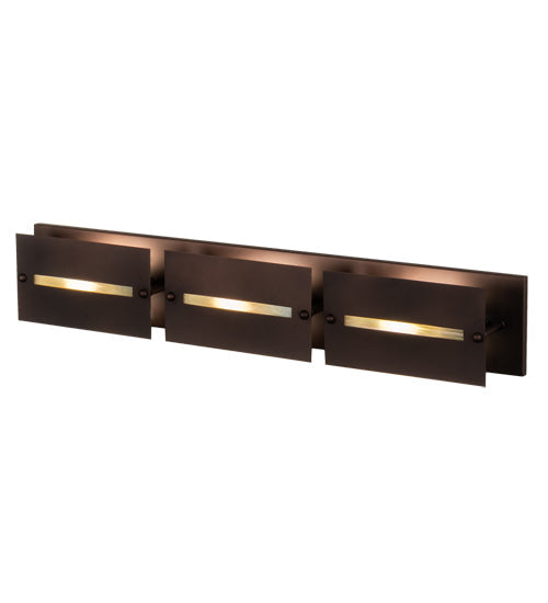 Meyda Lighting Stepping Stone 36" 3-Light Cinnamon Coffee Metallic Vanity Light With Beige Iridescent Shade Glass