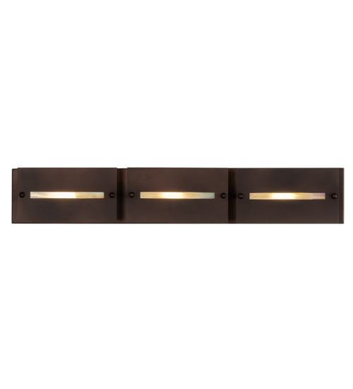 Meyda Lighting Stepping Stone 36" 3-Light Cinnamon Coffee Metallic Vanity Light With Beige Iridescent Shade Glass