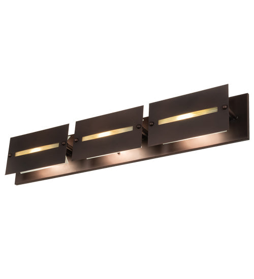 Meyda Lighting Stepping Stone 36" 3-Light Cinnamon Coffee Metallic Vanity Light With Beige Iridescent Shade Glass