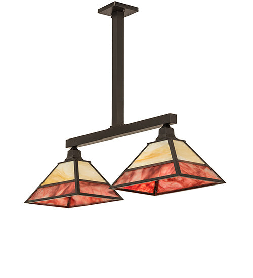 Meyda Lighting Stickley 42" 2-Light Craftsman Brown Mission Island Pendant Light With Red & Beige Shade Glass
