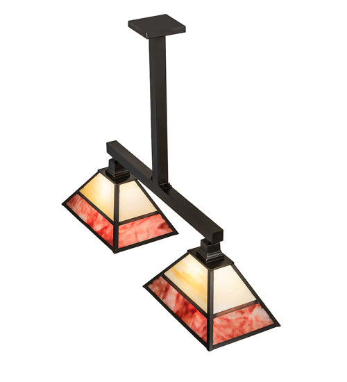 Meyda Lighting Stickley 42" 2-Light Craftsman Brown Mission Island Pendant Light With Red & Beige Shade Glass