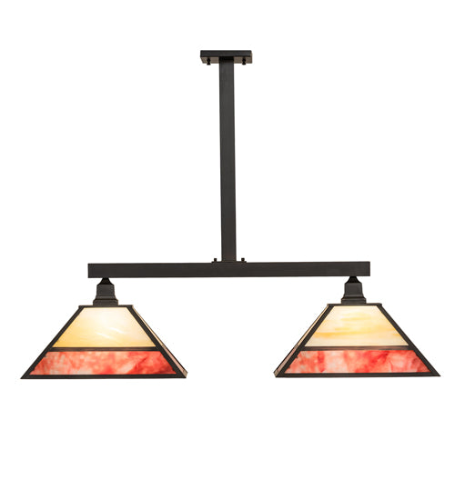 Meyda Lighting Stickley 42" 2-Light Craftsman Brown Mission Island Pendant Light With Red & Beige Shade Glass