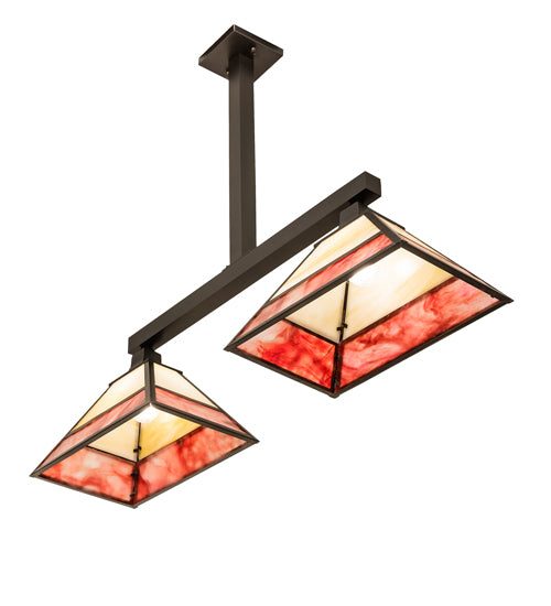 Meyda Lighting Stickley 42" 2-Light Craftsman Brown Mission Island Pendant Light With Red & Beige Shade Glass