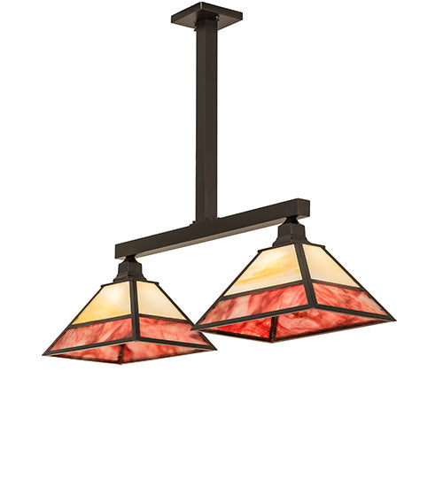 Meyda Lighting Stickley 42" 2-Light Craftsman Brown Mission Island Pendant Light With Red & Beige Shade Glass