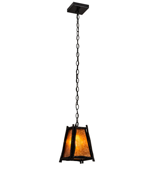 Meyda Lighting Sticks 11" Black Satin Wrought Iron Mini Pendant Light With Amber Mica Shade Glass