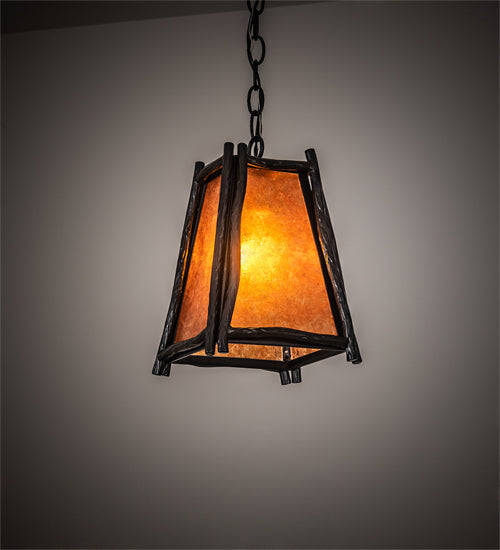 Meyda Lighting Sticks 11" Black Satin Wrought Iron Mini Pendant Light With Amber Mica Shade Glass