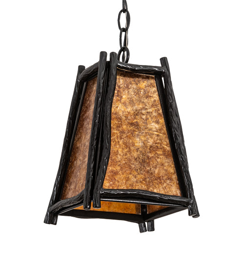 Meyda Lighting Sticks 11" Black Satin Wrought Iron Mini Pendant Light With Amber Mica Shade Glass