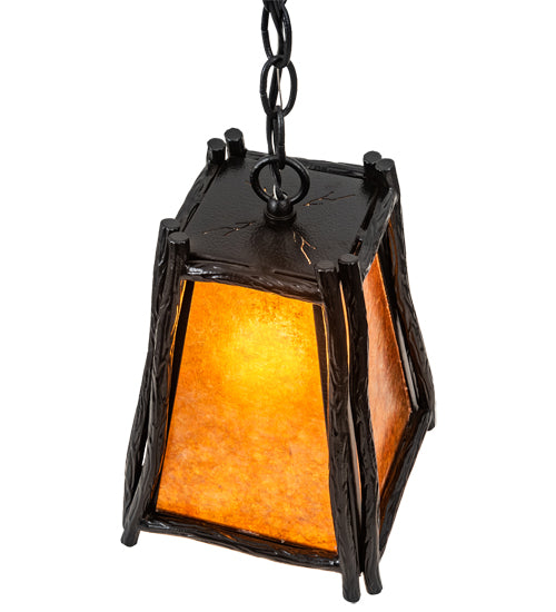 Meyda Lighting Sticks 11" Black Satin Wrought Iron Mini Pendant Light With Amber Mica Shade Glass