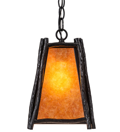 Meyda Lighting Sticks 11" Black Satin Wrought Iron Mini Pendant Light With Amber Mica Shade Glass