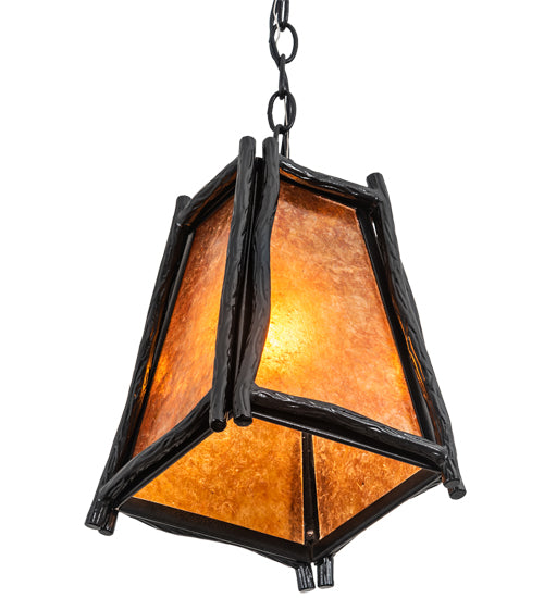 Meyda Lighting Sticks 11" Black Satin Wrought Iron Mini Pendant Light With Amber Mica Shade Glass