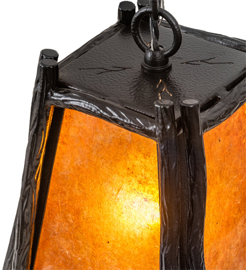 Meyda Lighting Sticks 11" Black Satin Wrought Iron Mini Pendant Light With Amber Mica Shade Glass