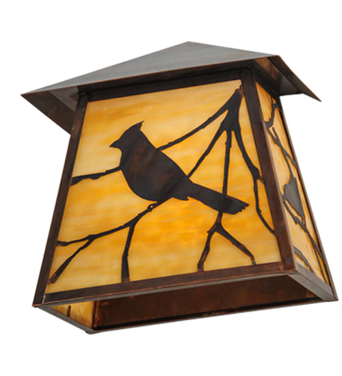 Meyda Lighting Stillwater 12" 2-Light Vintage Copper Song Bird Wall Sconce With Beige Art Shade Glass