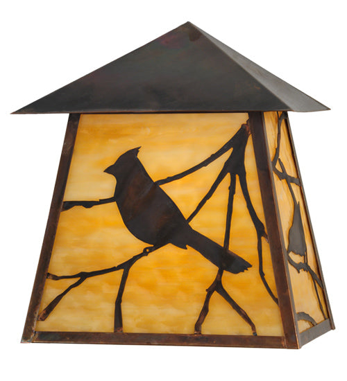 Meyda Lighting Stillwater 12" 2-Light Vintage Copper Song Bird Wall Sconce With Beige Art Shade Glass