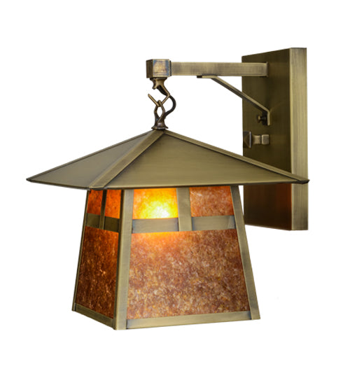 Meyda Lighting Stillwater 12" Antique Brass T Mission Hanging Wall Sconce With Amber Mica Shade Glass