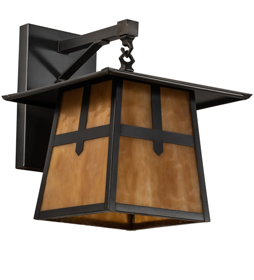 Meyda Lighting Stillwater 12" Craftsman Brown Cross Mission Straight Arm Wall Sconce With Beige Art Shade Glass