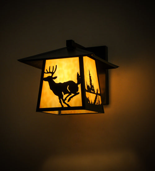 Meyda Lighting Stillwater 12" Craftsman Brown Deer Creek Solid Mount Wall Sconce With Beige Art Shade Glass