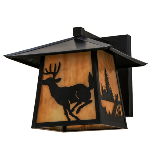 Meyda Lighting Stillwater 12" Craftsman Brown Deer Creek Solid Mount Wall Sconce With Beige Art Shade Glass