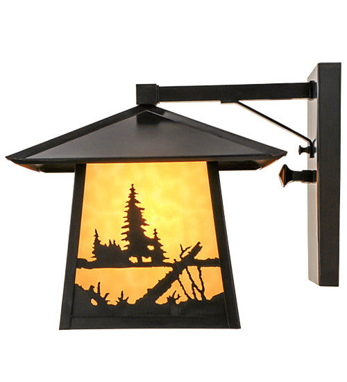 Meyda Lighting Stillwater 12" Craftsman Brown Deer Creek Solid Mount Wall Sconce With Beige Art Shade Glass