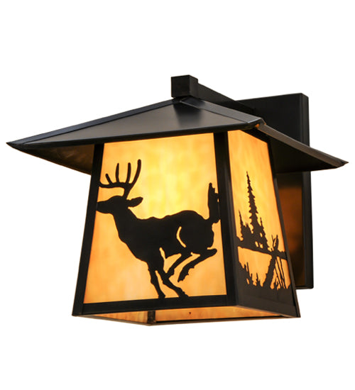 Meyda Lighting Stillwater 12" Craftsman Brown Deer Creek Solid Mount Wall Sconce With Beige Art Shade Glass