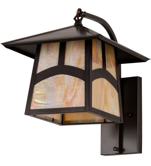 Meyda Lighting Stillwater 12" Craftsman Brown Hill Top Curved Arm Wall Sconce With Beige Iridescent Shade Glass