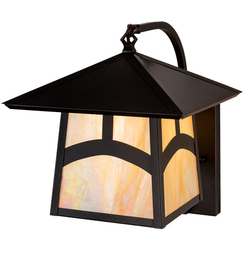 Meyda Lighting Stillwater 12" Craftsman Brown Hill Top Curved Arm Wall Sconce With Beige Iridescent Shade Glass