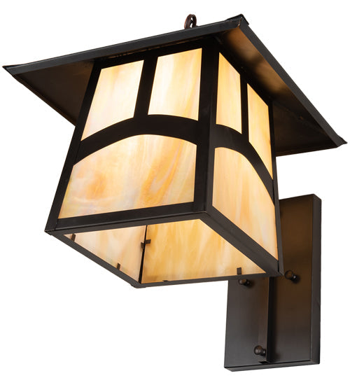 Meyda Lighting Stillwater 12" Craftsman Brown Hill Top Curved Arm Wall Sconce With Beige Iridescent Shade Glass