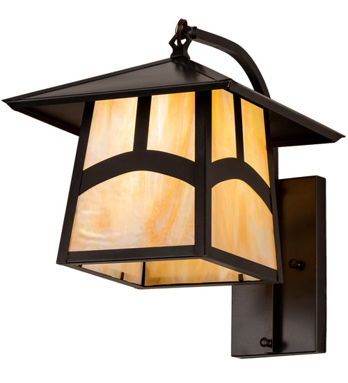 Meyda Lighting Stillwater 12" Craftsman Brown Hill Top Curved Arm Wall Sconce With Beige Iridescent Shade Glass