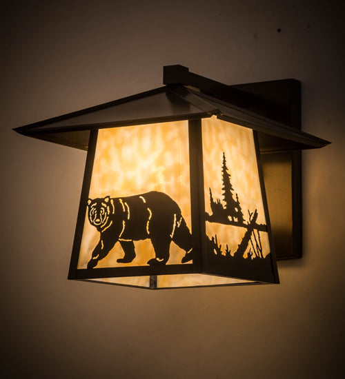 Meyda Lighting Stillwater 12" Craftsman Brown Lone Bear Wall Sconce With Beige Art Shade Glass