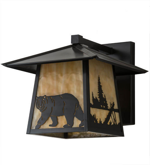 Meyda Lighting Stillwater 12" Craftsman Brown Lone Bear Wall Sconce With Beige Art Shade Glass