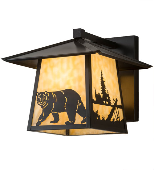 Meyda Lighting Stillwater 12" Craftsman Brown Lone Bear Wall Sconce With Beige Art Shade Glass