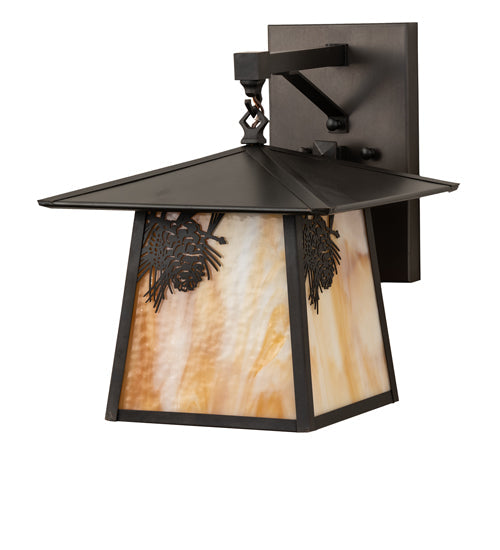 Meyda Lighting Stillwater 12" Craftsman Brown Pine Hanging Wall Sconce With Beige Ripple Shade Glass