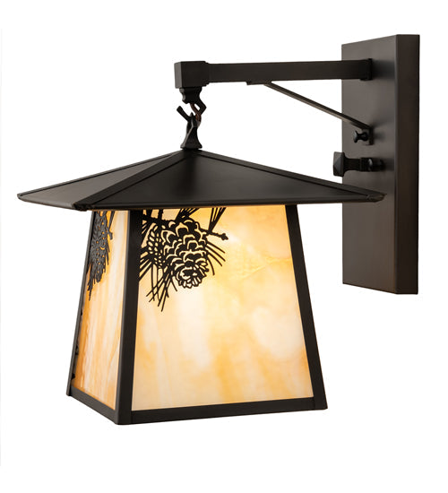 Meyda Lighting Stillwater 12" Craftsman Brown Pine Hanging Wall Sconce With Beige Ripple Shade Glass