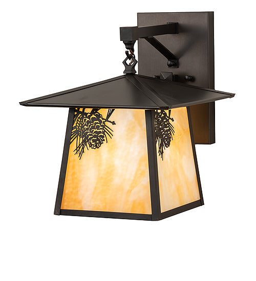 Meyda Lighting Stillwater 12" Craftsman Brown Pine Hanging Wall Sconce With Beige Ripple Shade Glass