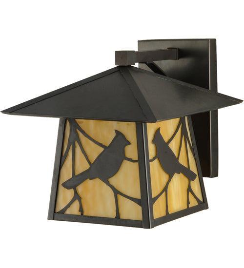 Meyda Lighting Stillwater 12" Craftsman Brown Song Bird Solid Mount Wall Sconce With Beige Art Shade Glass
