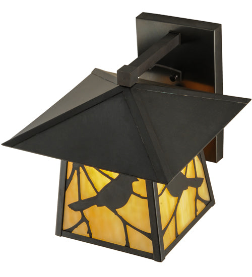 Meyda Lighting Stillwater 12" Craftsman Brown Song Bird Solid Mount Wall Sconce With Beige Art Shade Glass