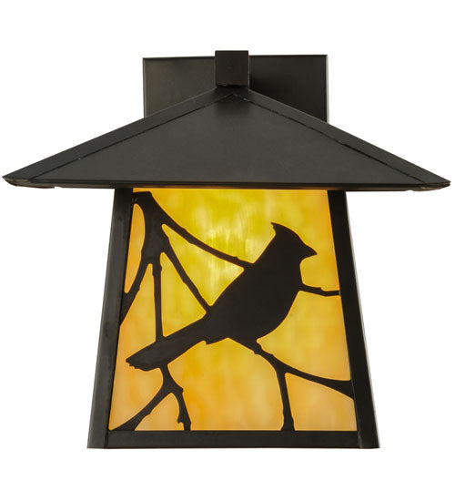 Meyda Lighting Stillwater 12" Craftsman Brown Song Bird Solid Mount Wall Sconce With Beige Art Shade Glass