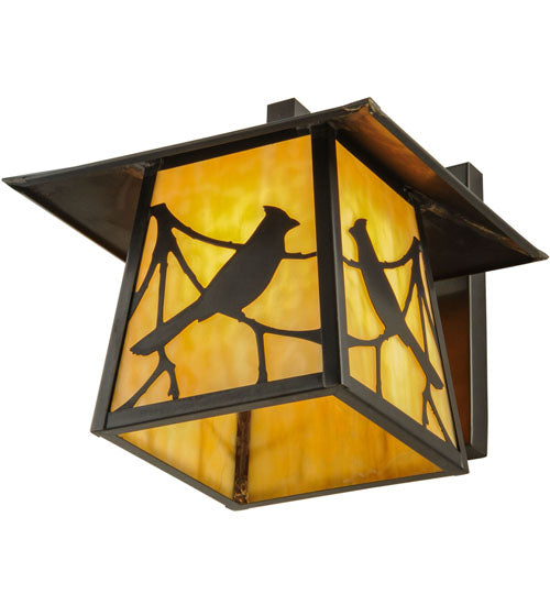 Meyda Lighting Stillwater 12" Craftsman Brown Song Bird Solid Mount Wall Sconce With Beige Art Shade Glass