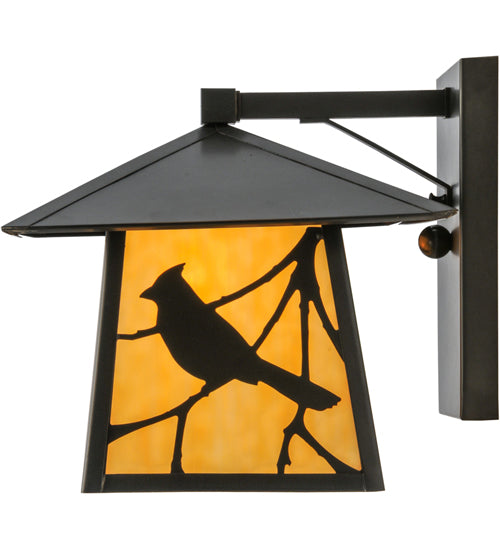 Meyda Lighting Stillwater 12" Craftsman Brown Song Bird Solid Mount Wall Sconce With Beige Art Shade Glass