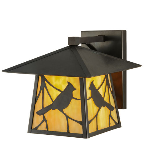 Meyda Lighting Stillwater 12" Craftsman Brown Song Bird Solid Mount Wall Sconce With Beige Art Shade Glass