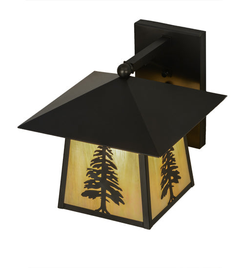 Meyda Lighting Stillwater 12" Craftsman Brown Tall Pine Solid Mount Wall Sconce With Beige Art Shade Glass