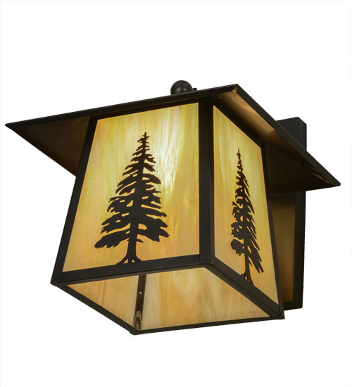 Meyda Lighting Stillwater 12" Craftsman Brown Tall Pine Solid Mount Wall Sconce With Beige Art Shade Glass