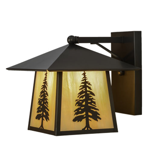 Meyda Lighting Stillwater 12" Craftsman Brown Tall Pine Solid Mount Wall Sconce With Beige Art Shade Glass
