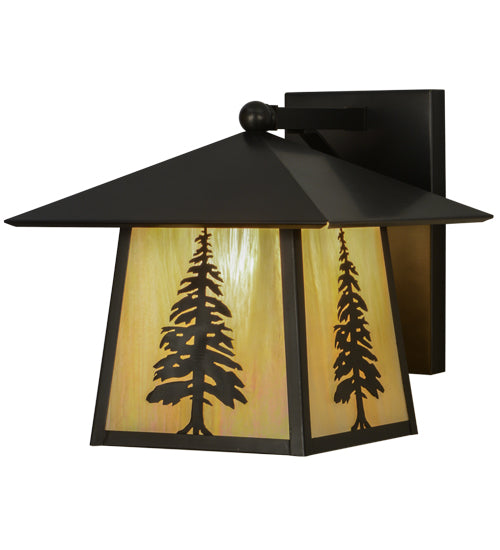 Meyda Lighting Stillwater 12" Craftsman Brown Tall Pine Solid Mount Wall Sconce With Beige Art Shade Glass