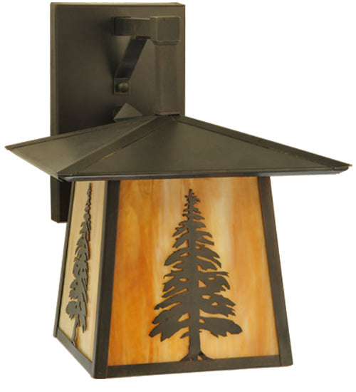 Meyda Lighting Stillwater 12" Craftsman Brown Tall Pine Straight Arm Wall Sconce With Beige Shade Glass