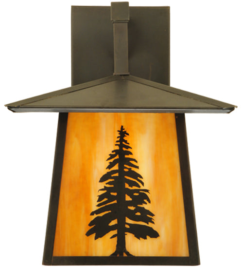 Meyda Lighting Stillwater 12" Craftsman Brown Tall Pine Straight Arm Wall Sconce With Beige Shade Glass