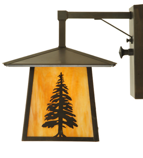 Meyda Lighting Stillwater 12" Craftsman Brown Tall Pine Straight Arm Wall Sconce With Beige Shade Glass