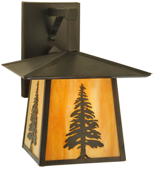 Meyda Lighting Stillwater 12" Craftsman Brown Tall Pine Straight Arm Wall Sconce With Beige Shade Glass