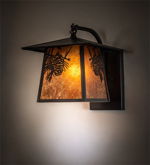 Meyda Lighting Stillwater 12" Craftsman Brown Winter Pine Curved Arm Wall Sconce With Amber Mica Shade Glass