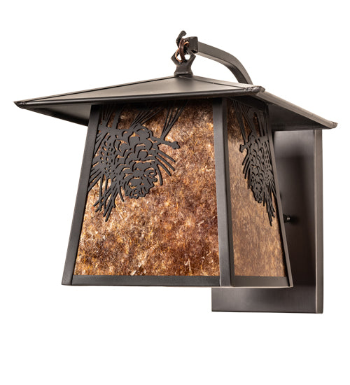 Meyda Lighting Stillwater 12" Craftsman Brown Winter Pine Curved Arm Wall Sconce With Amber Mica Shade Glass